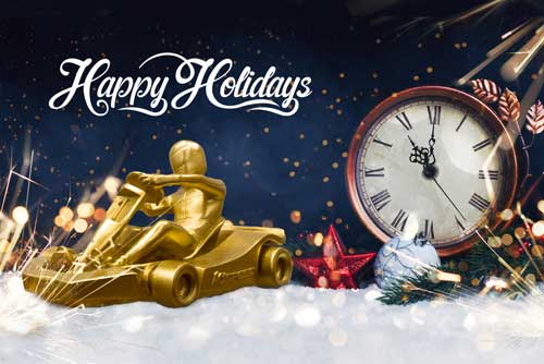 featured image for holiday hours blog featuring kart trophy and clock
