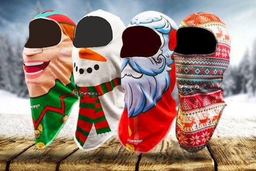 K1 Speed's holiday headsocks: elf, snowman, santa claus, and ugly sweater themes