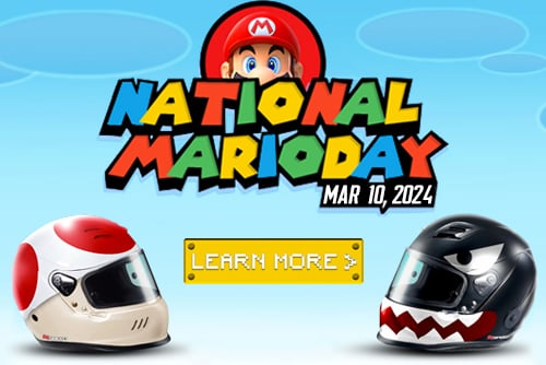 National Mario Day 2024 image with helmets that use Mario-inspired paint jobs