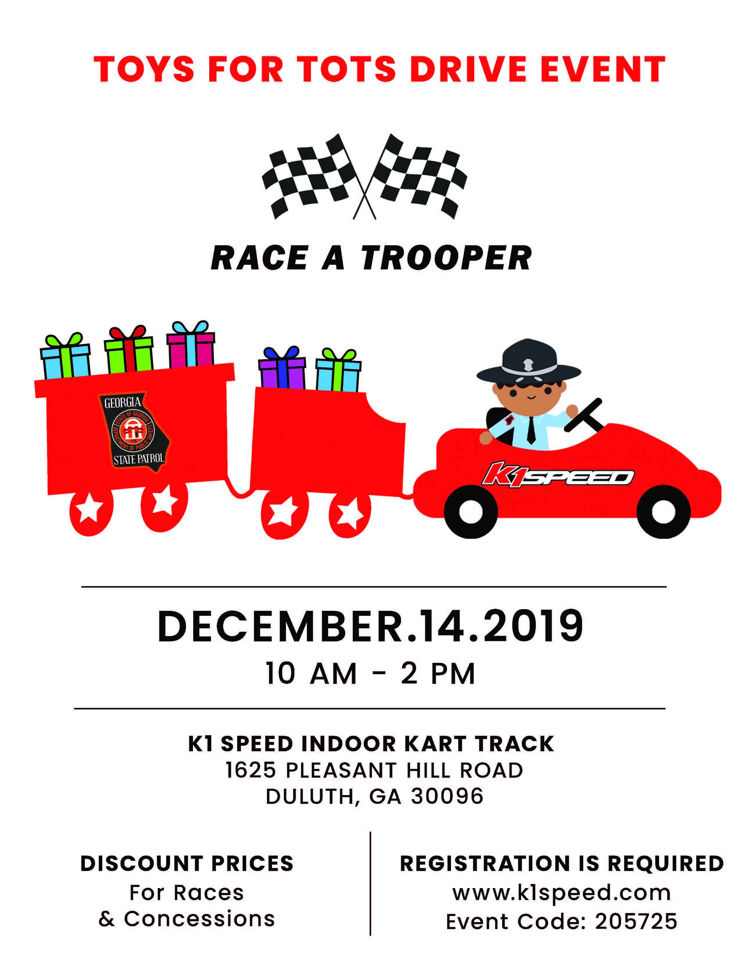 flyer for toys for tots toy drive at K1 Speed Atlanta