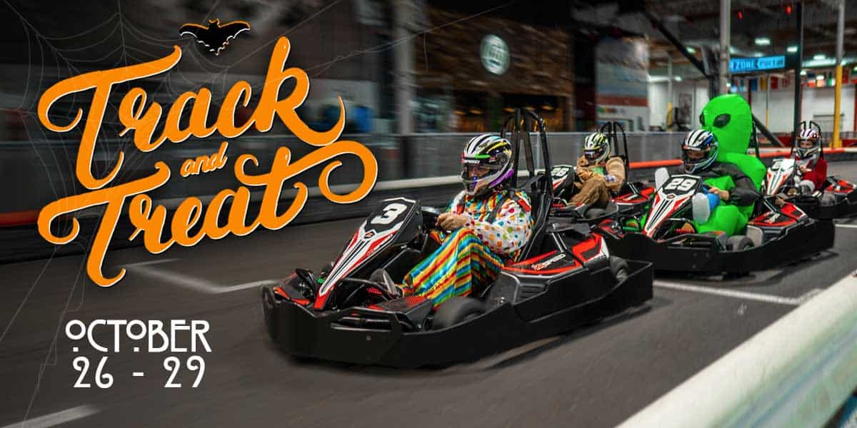 people dressed in costumes racing go karts with "track or treat" text written on image