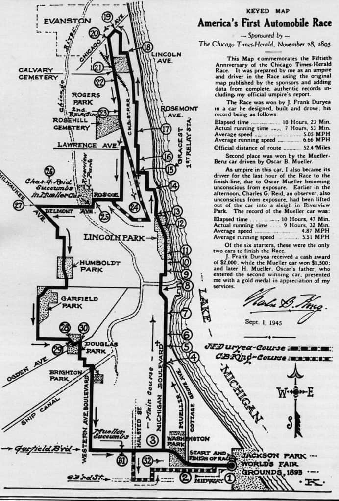 the map of the 1895 race from Chicago to Evanston