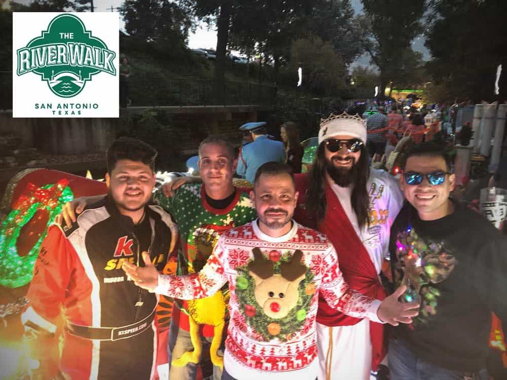 photo of the k1 speed san antonio holiday river parade float with crew and spurs jesus