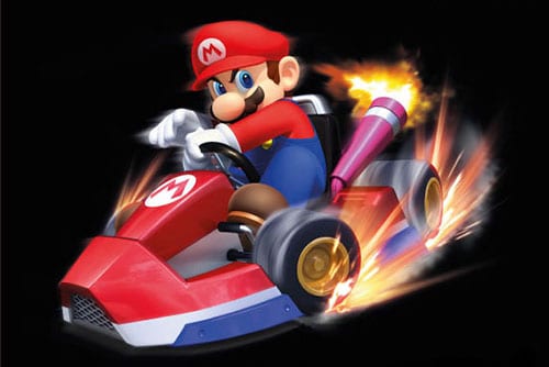 image of mario on go kart with sparks and flames