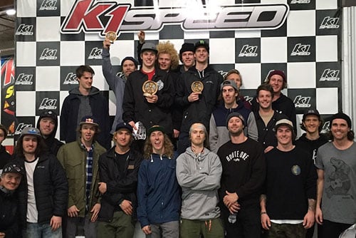 bachelor party group posing at k1 speed podium