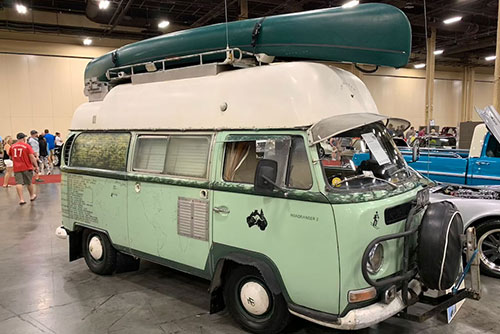 VW Kombi bus with canoe on top