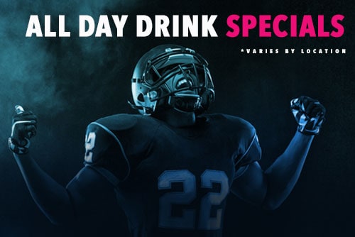 graphic for the sunday football special with football player and text reading "all day drink specials"