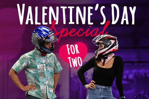 graphic with man and woman wearing racing helmets with text reading valentines day special for two