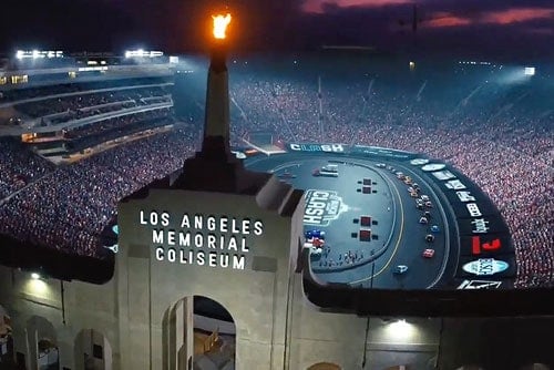 graphic featuring the la memorial coliseum and nascar cars