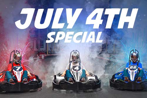three karts line up with red white and blue fireworks. text reads july 4th special