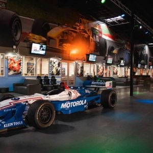 a michael andretti indycar sits on display at k1 speed austin