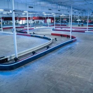 another shot of the track inside k1 speed dallas, bathed in led lighting