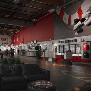 an f1-style car hangs on the wall at k1 speed irvine