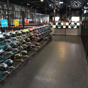 Helmets sit on display at K1 Speed Sacramento