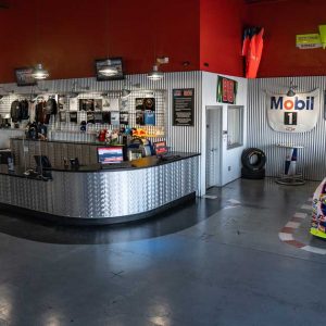 the lobby with a NASCAR vehicle on display in K1 Speed San Francisco