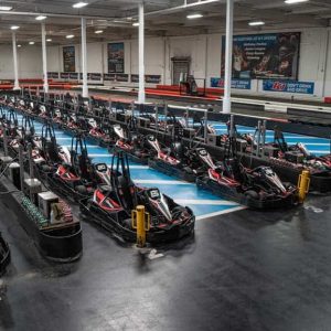 go karts line up in the pits at K1 Speed San Francisco