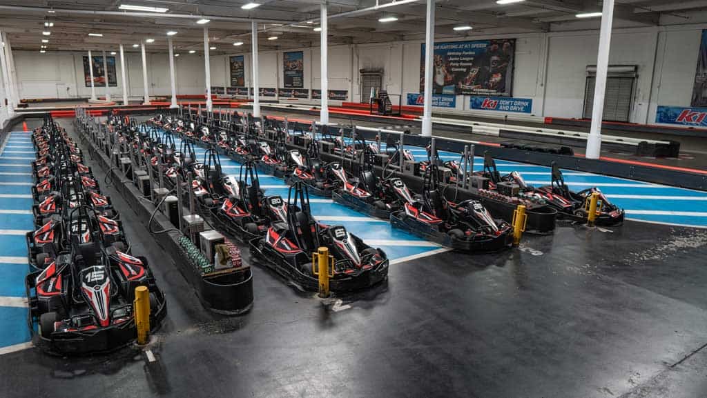 go karts line up in the pits at K1 Speed San Francisco