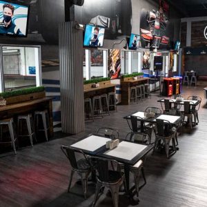 The Paddock Lounge area inside K1 Speed San Francisco