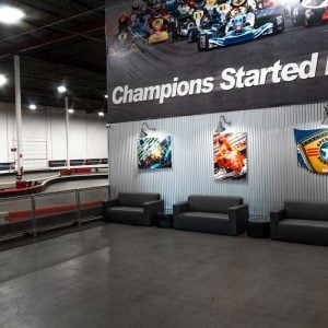 leather couches lined up by the track at k1 speed santa clara