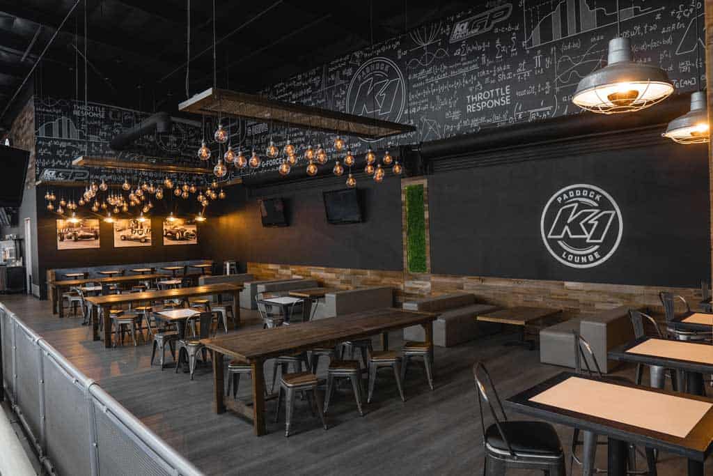 The eating area of the Paddock Lounge at K1 Speed Torrance