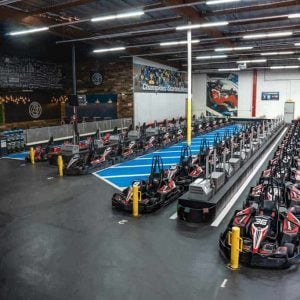 go karts line up in the pits at k1 speed torrance