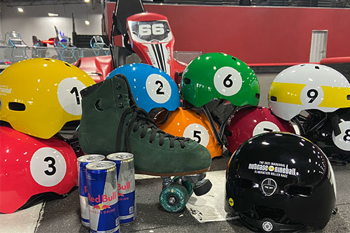 skating helmets with pool ball paint schemes with go kart, skates, and red bull cans