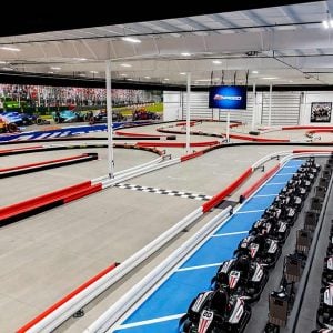 The indoor track at K1 Speed Canton with lights on