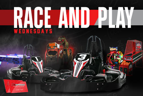 go karts and video arcade games with a game card and text reading "race and play"