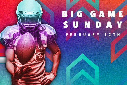 football player with text reading "big game sunday 2 races for $40 February 12th"