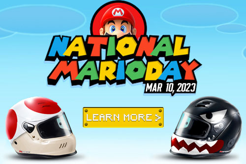 National Mario Day 2023 image with helmets that use Mario-inspired paint jobs