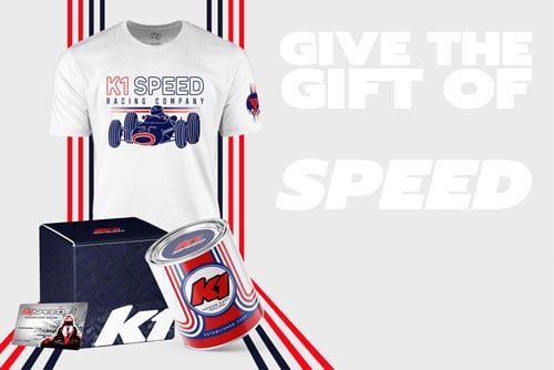 A K1 speed t-shirt, gift tin, gift card, and packaging box