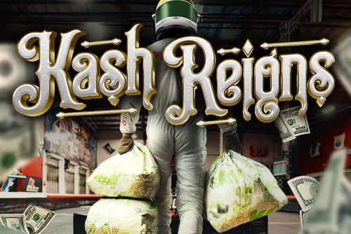 a driver holds bags of cash as he walks the track. text over image reads "kash reigns"