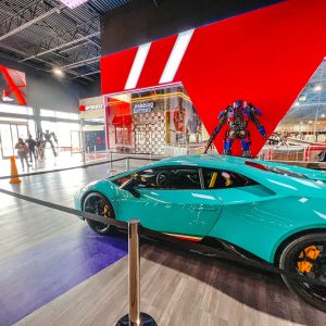 A Lamborghini sits on display in the lobby of K1 Speed Caguas