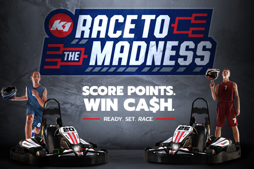 basketball players with go-karts and text that reads "race to the madness, score points win cash, ready set race"