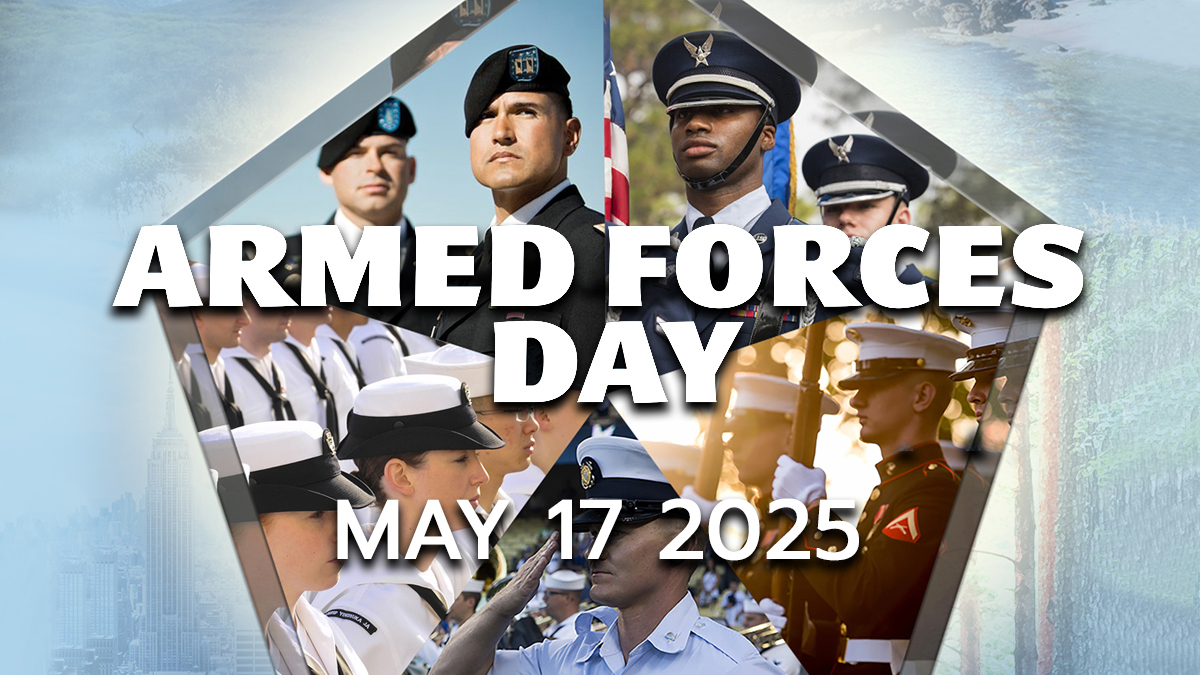 image showcasing photos of various armed forces personnel with text that reads "armed forces day may 17 2025"