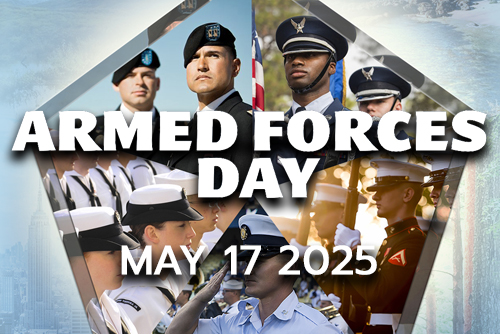 image showcasing photos of various armed forces personnel with text that reads "armed forces day may 17 2025"