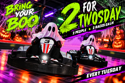 Two people dressed as ghosts race go-karts on a Halloween-themed K1 Speed track, promoting the ‘Bring Your Boo’ 2 for Twosday offer: 2 people, 2 races each, every Tuesday.