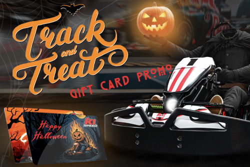 promotional halloween graphic for k1 speed's gift card offer featuring headless horseman behind the wheel of a go kart