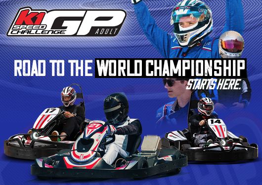 graphic advertising k1 speed's adult challenge gp with text reading "road to the world championship starts here"