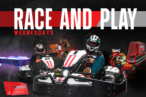go karts and arcade games with text reading "Race and play wednesdays"