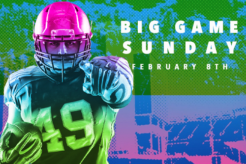a football player with a football and text reading "big game sunday, 2 races for $45, february 8th"