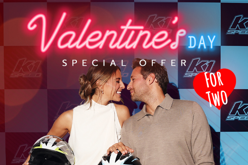 a man and a woman holding helmets at k1 speed with text reading "valentines day special offer for two"