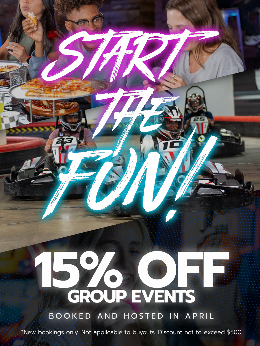 Flier for 15% off group events booked and hosted in April *New bookings only. Not applicable to buyouts. Discount not to exceed 500 dollars
