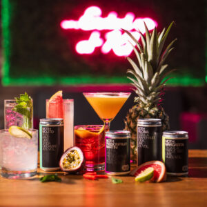 a selection of alcoholic beverages at k1 speed's paddock lounge in canary wharf, london