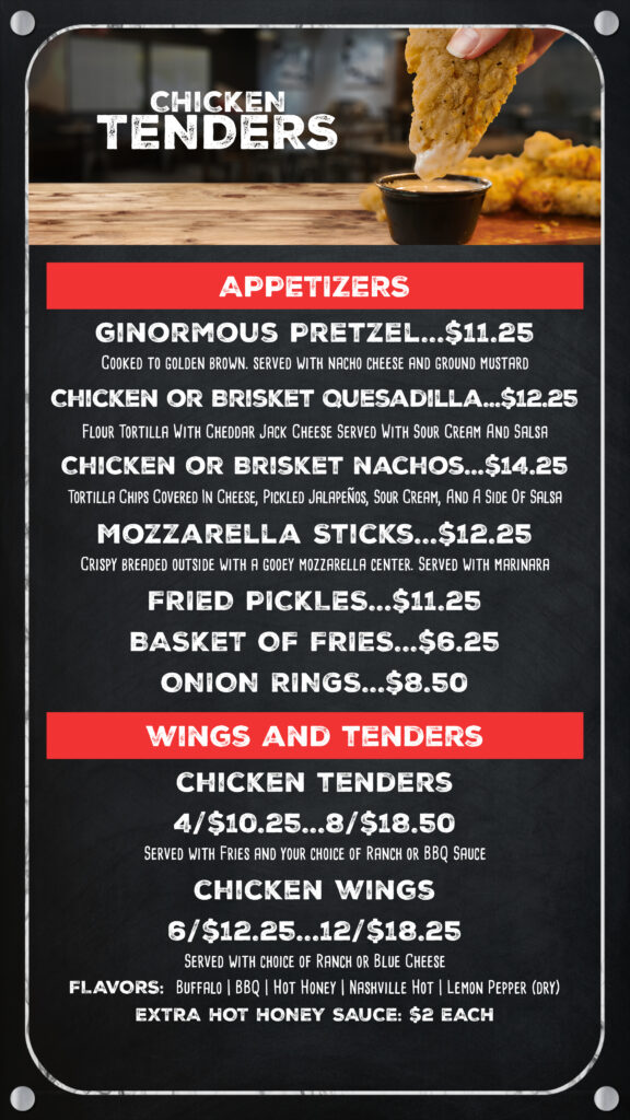 Paddock lounge menu featuring appetizers, wings, and tenders