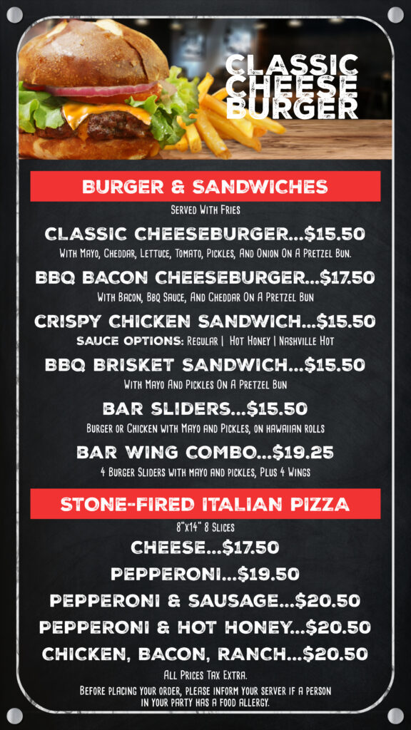 paddock lounge menu with burgers, sandwiches, and stone-fired pizzas