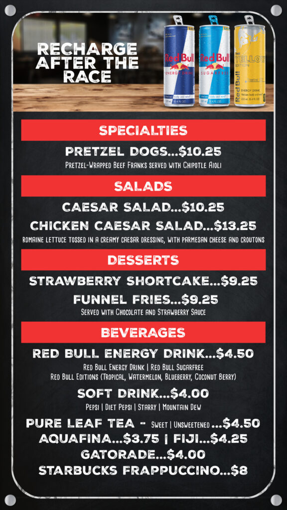 paddock lounge menu featuring specialties, salads, desserts, and beverages