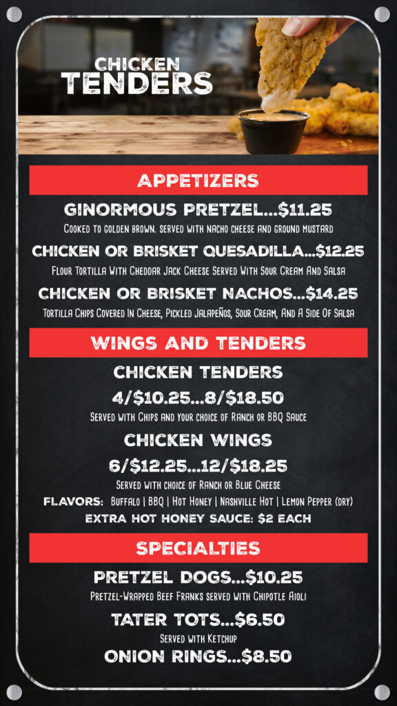 paddock lounge menu that includes appetizers, wings and tenders, and specialties such as pretzel dogs