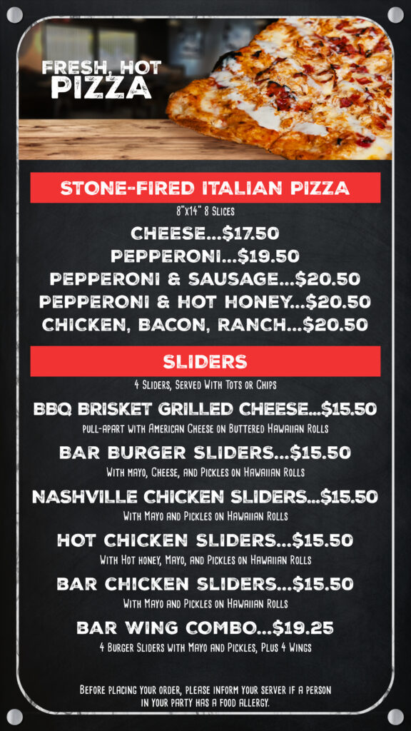 paddock lounge menu that includes stone-fired italian pizzas and sliders