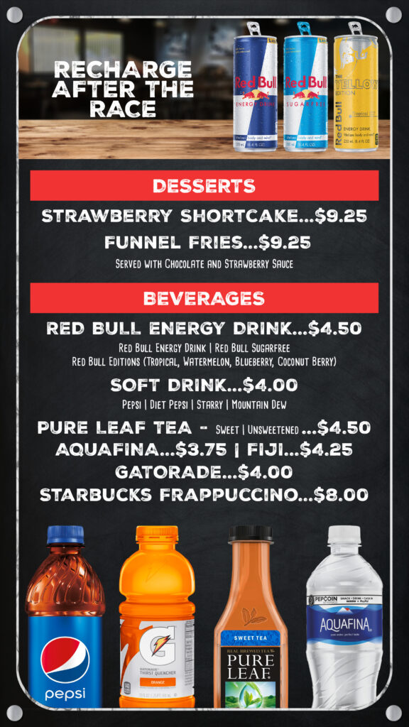 paddock lounge menu including desserts and beverages